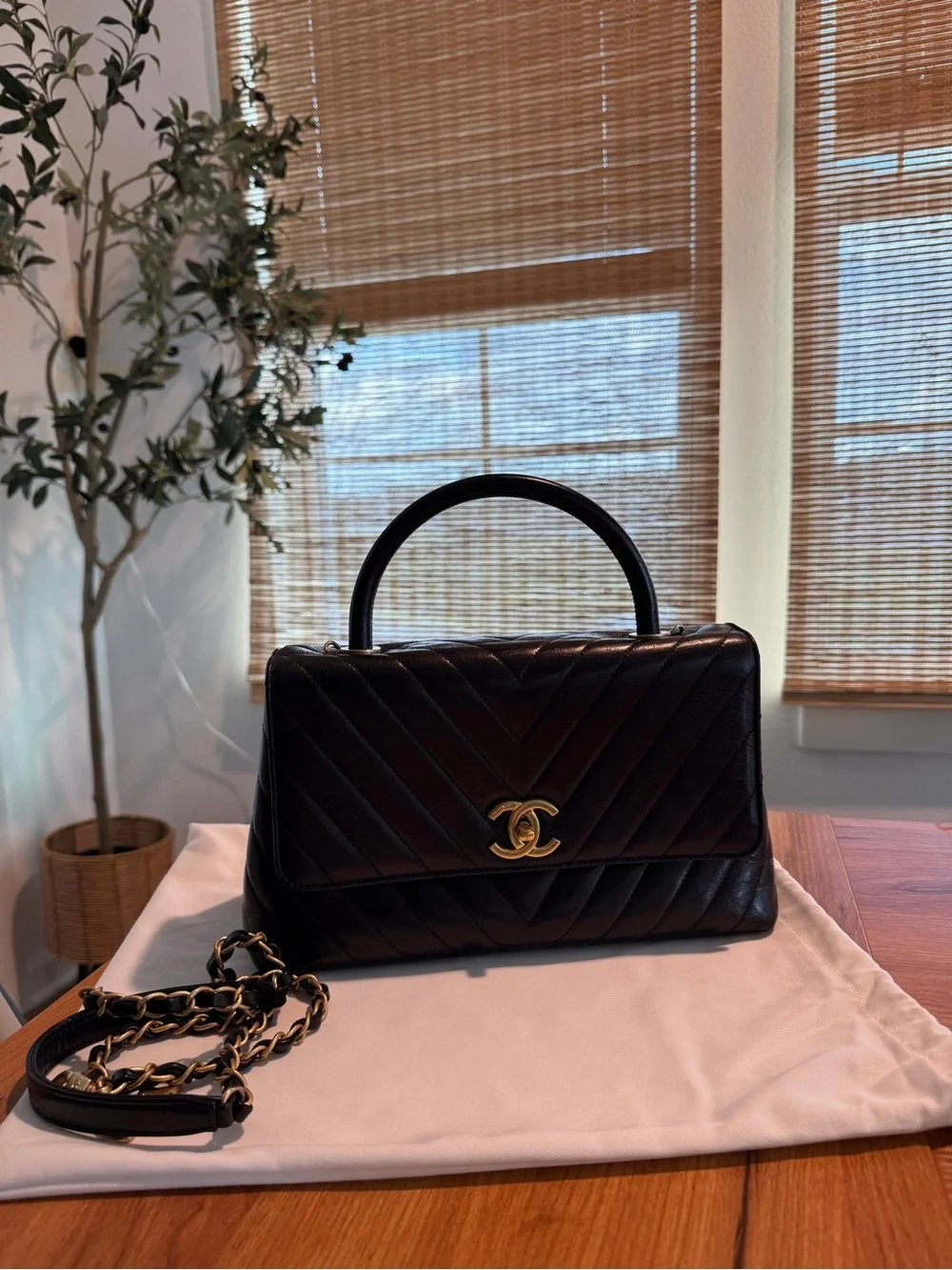 CHANEL Coco Handle Black Chevron Quilted Top-Handle Satchel with Gold Hardware